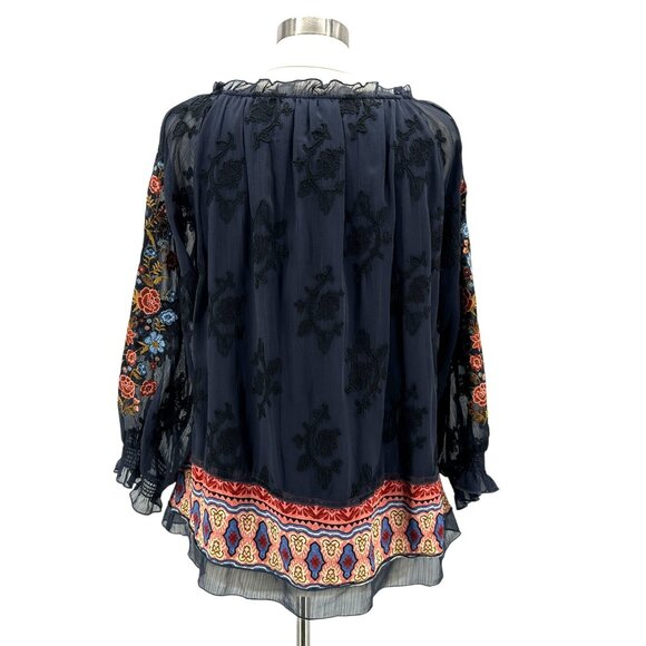 John Mark Womens Large Top Tunic Peasant Embroidered Floral Boho Beaded Tie Navy - Picture 7 of 10